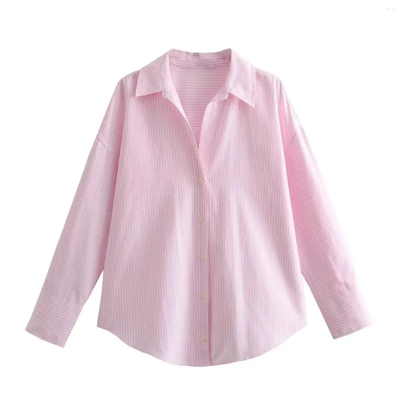 Bluzki damskie różowe koszule w paski dla kobiety 2024 mody kobiety lapelowe długie rękawy Blusas para mujer jesienna guzika
