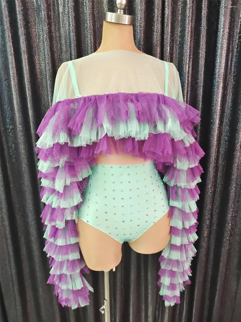 Scene Wear Singer Show Mesh Ruffle Cloak Rhinestones Leotard Två stycken Set Women Performance Dance Costume Nightclub Outfit