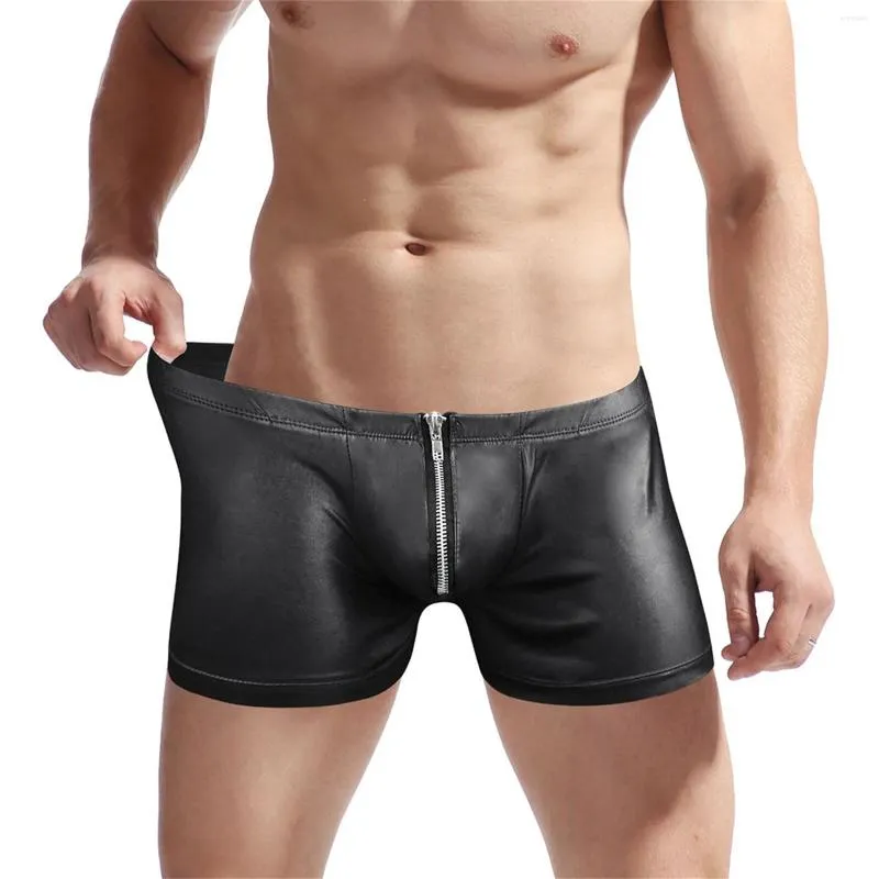 Boxers Sexy en cuir Pu pour hommes, slim, taille basse, fermeture éclair, sous-vêtement de Style américain, culotte de boîte de nuit, Lingerie charmante