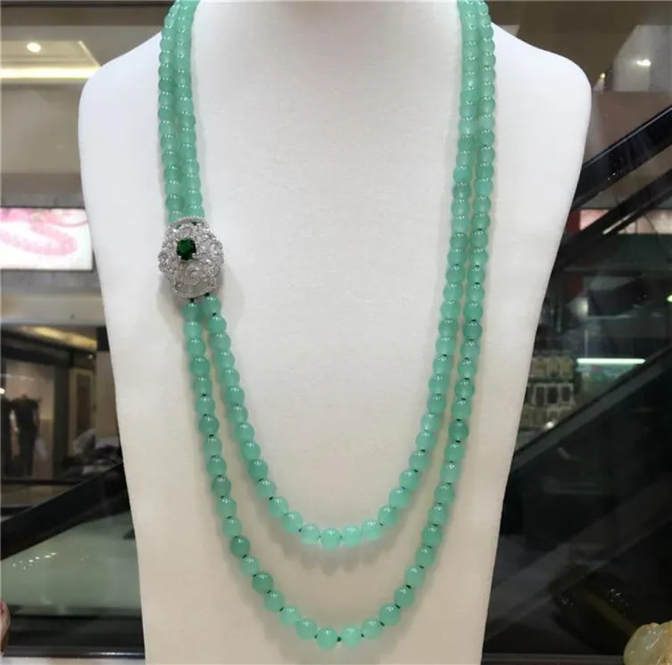 sell natural dongling green stone beads multilayer micro inlay zircon clasp long necklace sweater chain fashion jewelry343B5933206