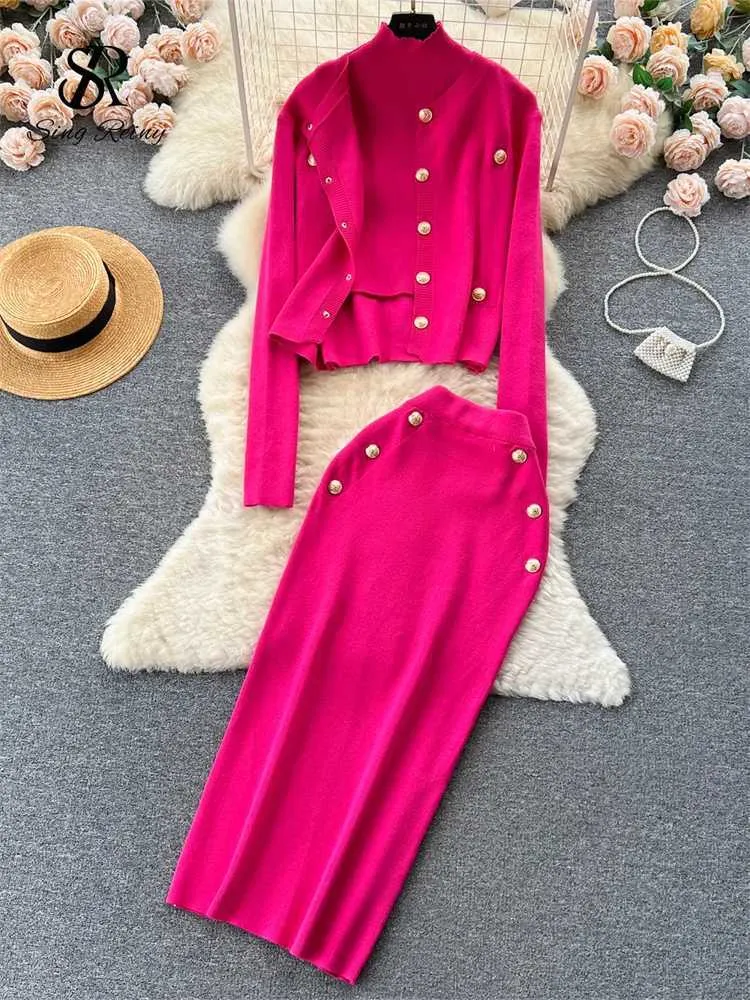 Two Piece Dress SINGREINY Winter Fashion Knitted Suits Women Slim Knit Vest+Elastic Long Skirt+Warm Cardigans 2023 OL Sweater Three Pieces Sets J240202
