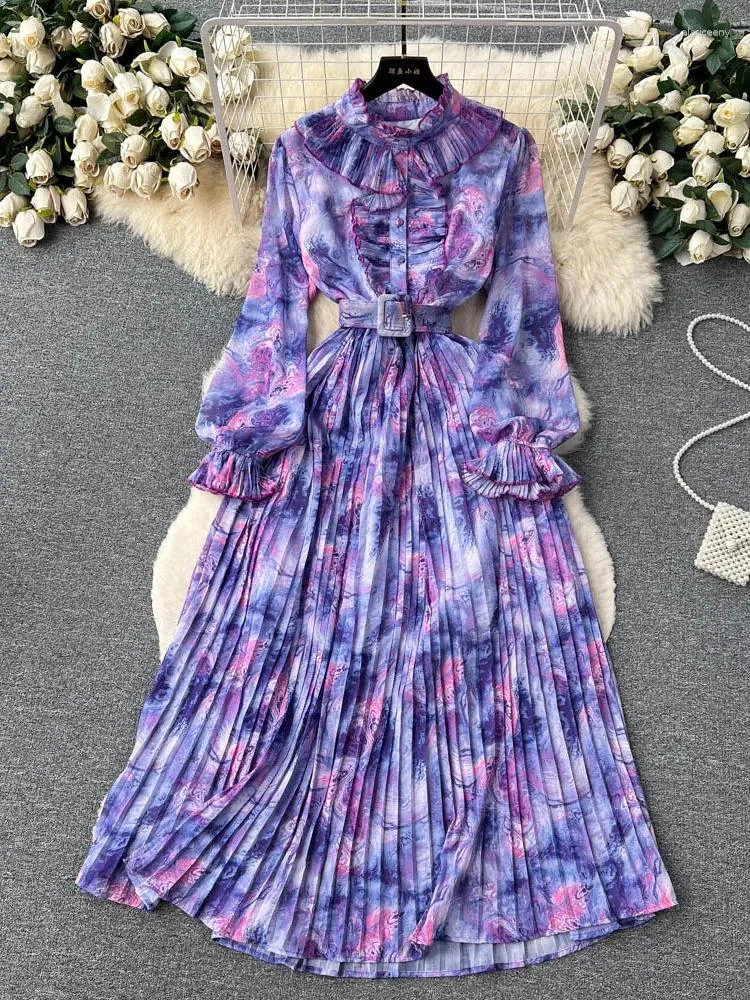 Casual Dresses Women Spring Dress French Style Belt Fold Goddess Fan Tie Dye Printed långärmad midja Slim Chiffon Pleated D3843