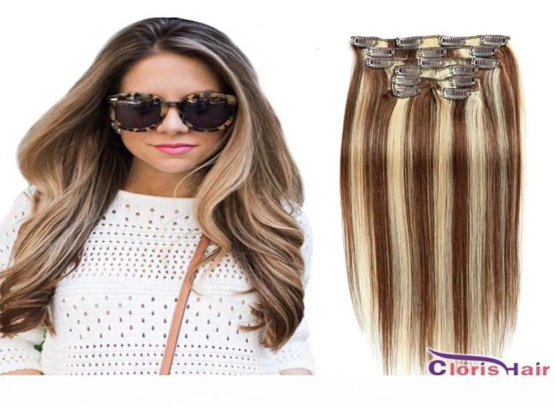 Highlight Brown Blonde Straight Clip On Weave Panio Couleur 4 613 Clip de cheveux humains dans les extensions pleine tête 70g 100g Extension naturelle1416966