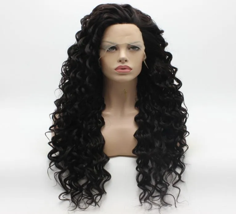 Iwona cabelo encaracolado longo peruca marrom escuro 184 meia mão amarrada resistente ao calor peruca dianteira do laço sintético5437121