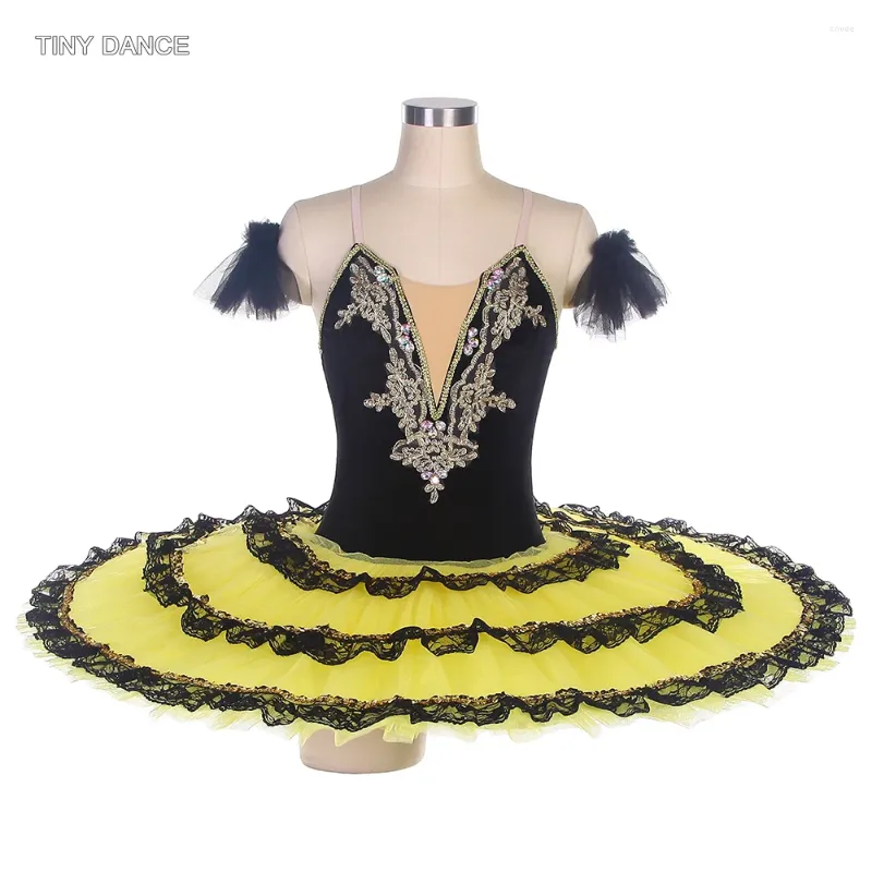 Stage Wear Tutu di balletto professionale per ragazze Ballerina Costume da ballo Gonna pancake a 3 livelli con decorazione in pizzo nero e oro 2 colori