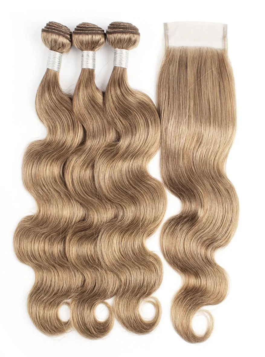 Brazylijskie zawocki ludzkich włosów z zamknięciem 8 Ash Blonde Body Wave 4 wiązki z koronkowymi końcami 4x4 Human Hair Extensions3397768