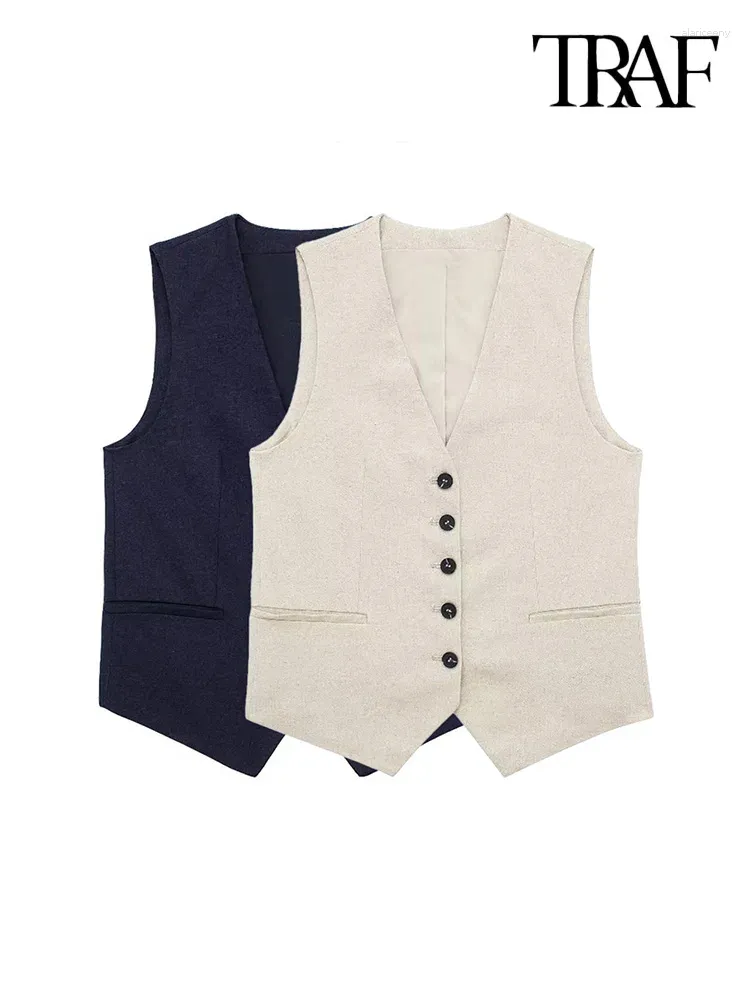 Women's Vests TRAF Women Fashion Front Button Linen Waistcoat Vintage Sleeveless Welt Pockets Female Outerwear Chic Vest Tops