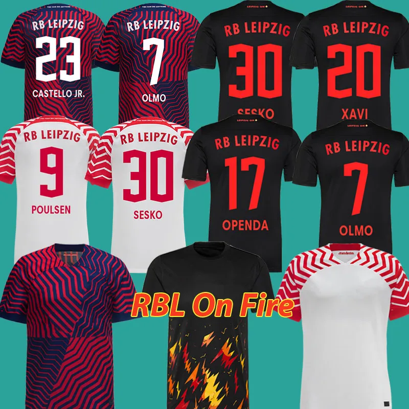 2023 2024 RBL camisetas de fútbol LeIpZiGes OPENDA SESKO OLMO On Fire 23 24 Footabll Shirts XAVI XAVER Trikots HAIDARA POULSEN KAMPL BAUMGARTNER Men Kits Kids Uniforms