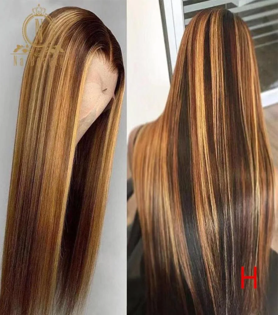 Perruques de cheveux humains avant en dentelle transparente perruque à reflets bruns pré-cueillies couleur blond miel ombré 180 densité cheveux Remy Nabeauty5844258