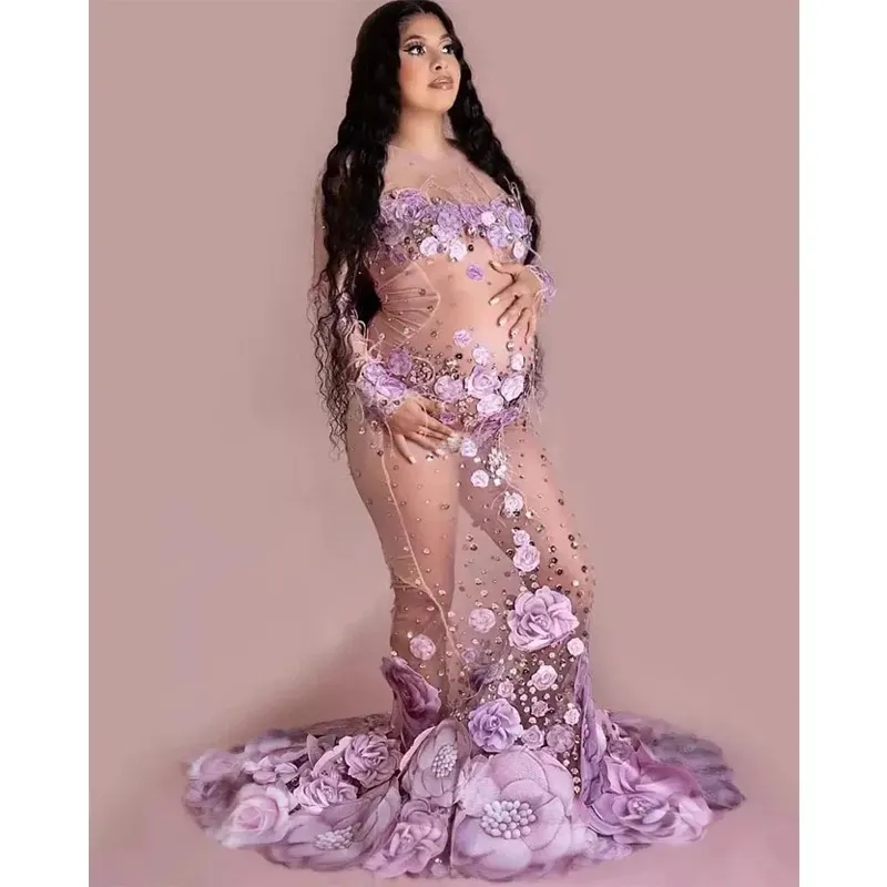 Nuevas ideas de productos 2023 diamantes brillantes románticos rosa rosa elegante maxi vestido de maternidad