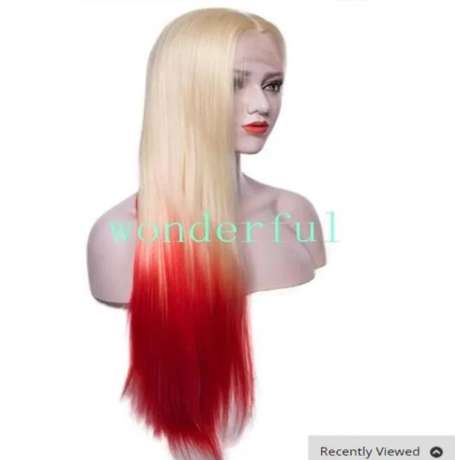 Moda longa resistente ao calor cabelo ombre loira vermelho peruca dianteira do laço sintético para as mulheres parte lateral longa seda reta peruca do laço metade h1496518