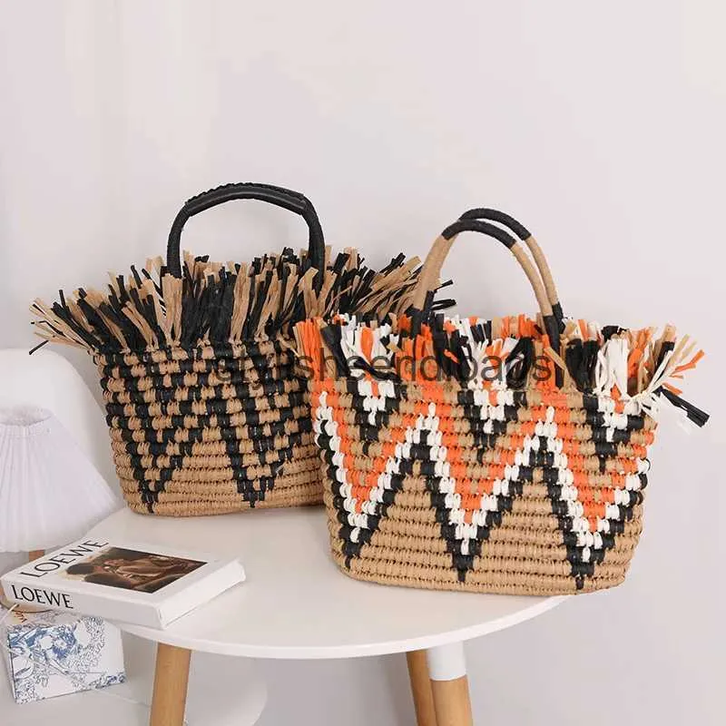 Totes Colore coordinato Borsa a mano con bordi sparsi Borsa in paglia retrò Nappa Borsa intrecciata a mano Seaside Beach Donna Sac Paille Luxe FemmeH24217