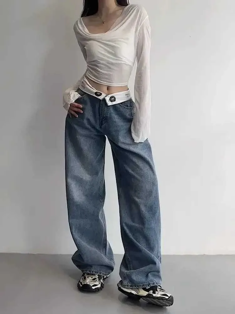 الجينز للسيدات Houzhou Retro y2k جينز Womens Baggy Kpop Gyaru Street Lalking Wide Blue Denim Pants Harajuku الكورية Acubi أزياء عالية الخصر جينز J240217