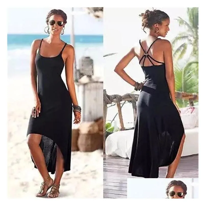 Basic Casual Dresses 2023 Spring Express South America Africa Fashion Knitted Ring Buckle Backless Suspender High Waist Dress Drop Dhj4N