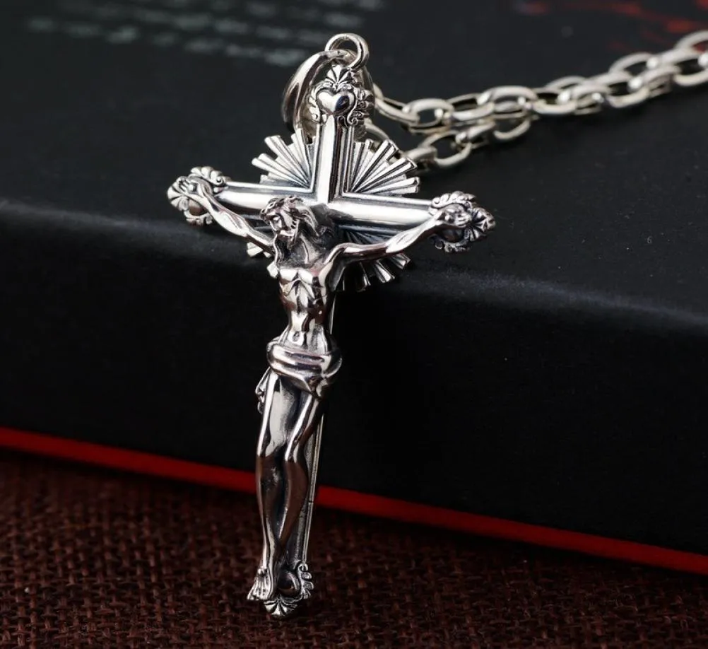 925スターリングシルバーカトリック十字架ペンダント男性レトロアンティークの祈り宗教宝石5577776