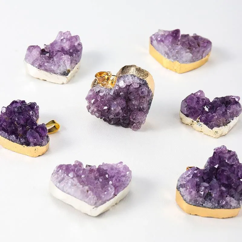 Natural Amethyst Cluster Crystal Pendant Love Gift Chakra Healing Reiki Mineral Quartz Energy Rough Stone Necklace with leather rope