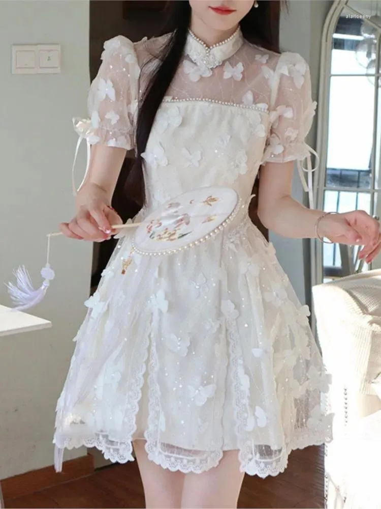 Casual Dresses Women 2024 Summer Mesh Patchwork Fairy Dress Female Sweet White Cheongsam Holiday Beach Lady Butterfly Party