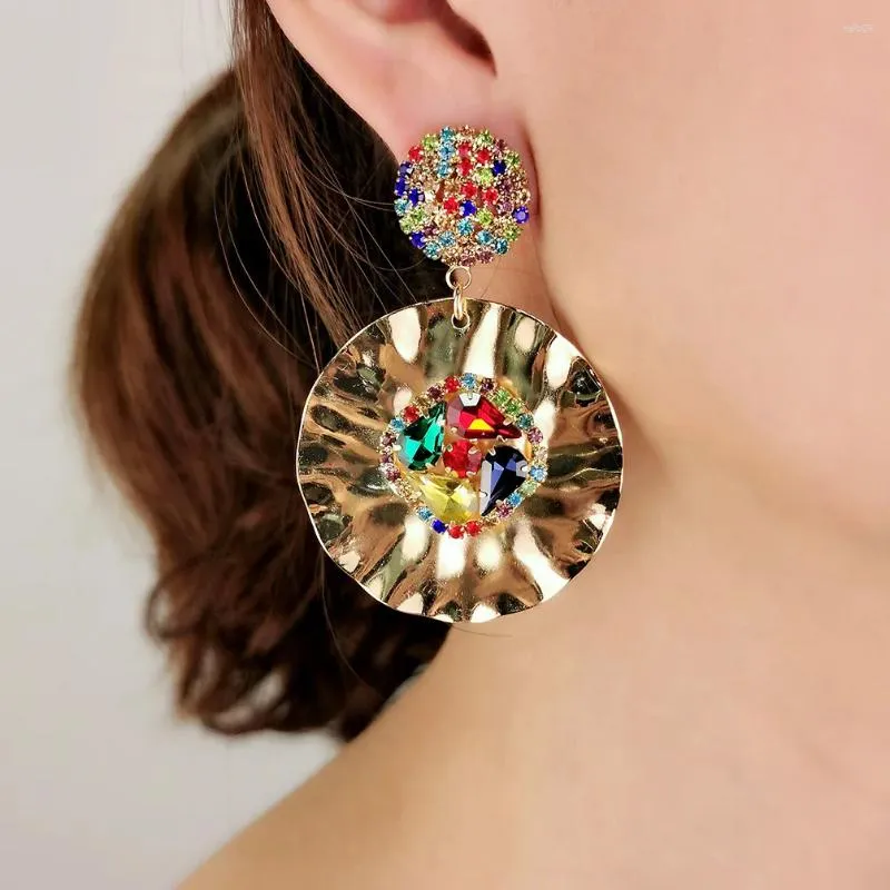 Brincos pendurados na moda colorido cristal gota brinco para mulheres grande redondo metal strass declaração eardrop jóias cor do ouro