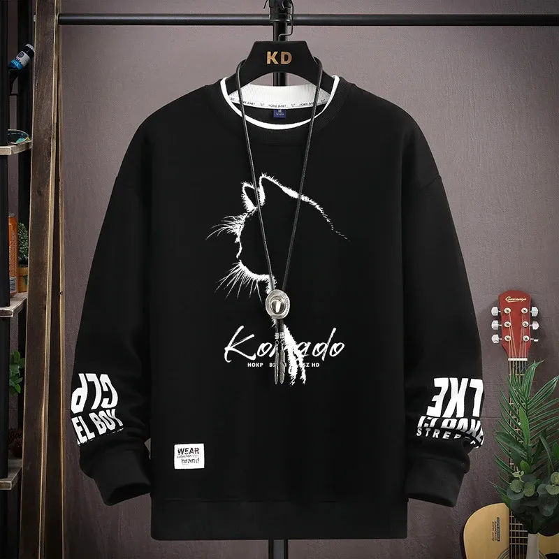 Outono masculino moletom esboço gato impressão manga longa tshirt roupas de moda preto o pescoço harajuku design exclusivo topo 240201