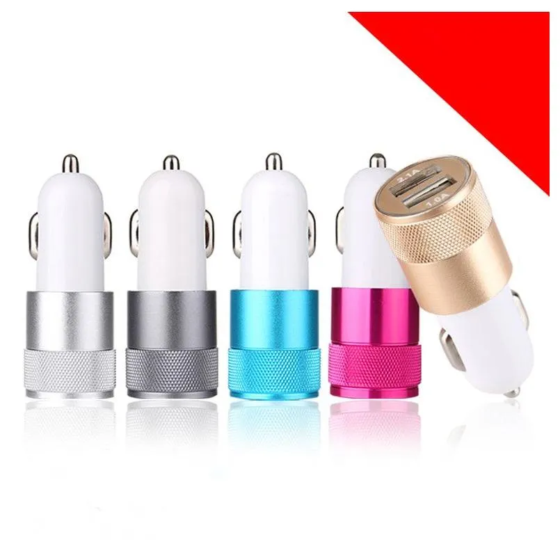 Billaddare Metal Dual USB Port Car Adapter Charger Aluminium 2-port laddare för Apple Phone iPad iPod / Galaxy Drop Delivery Automob DHSKR