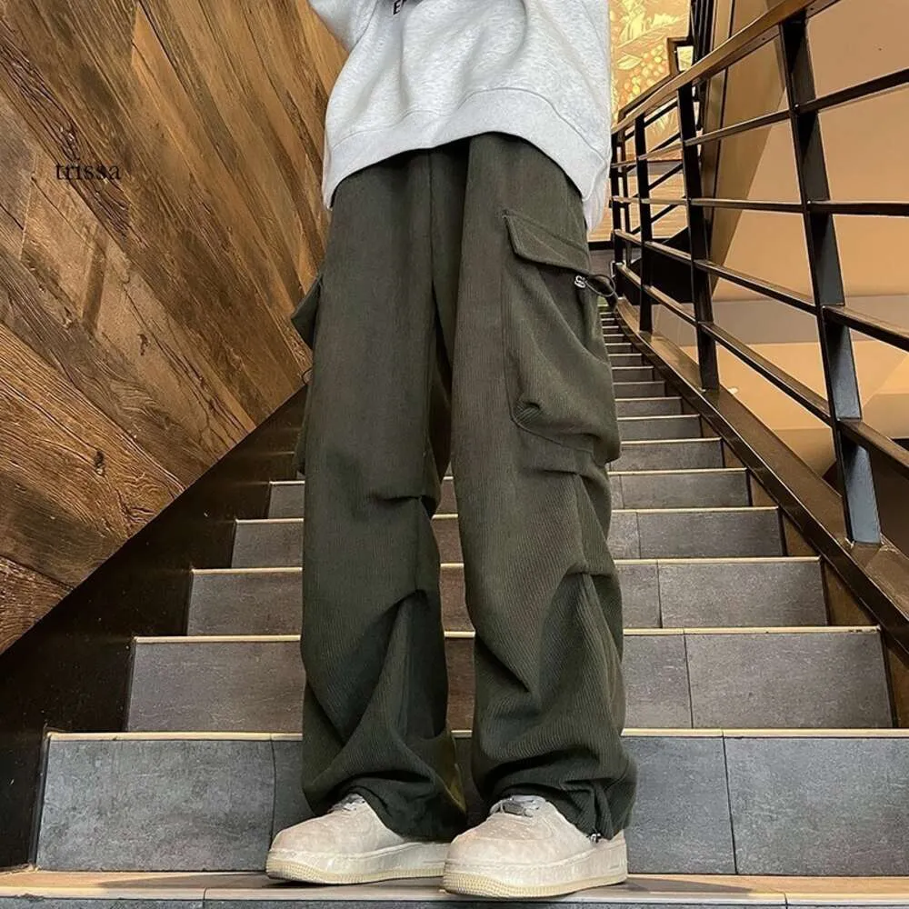 Military Green Work Autumn and Winter Trendy Brand Loose Corduroy Pants, Men's American Wide Straight Leg Casual Pants