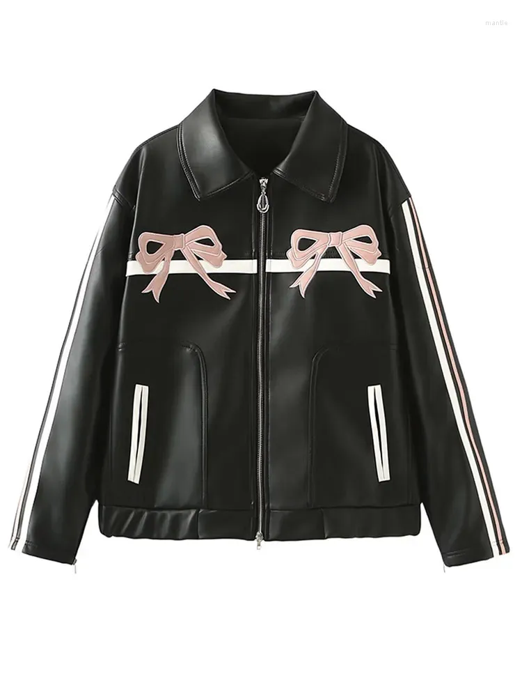 Kvinnorjackor Kontrast Bow Printed Black Leather Jacket Cool Lapel Pickel Pockets Långärmrockar 2024 Spring Motocycle Streetwear