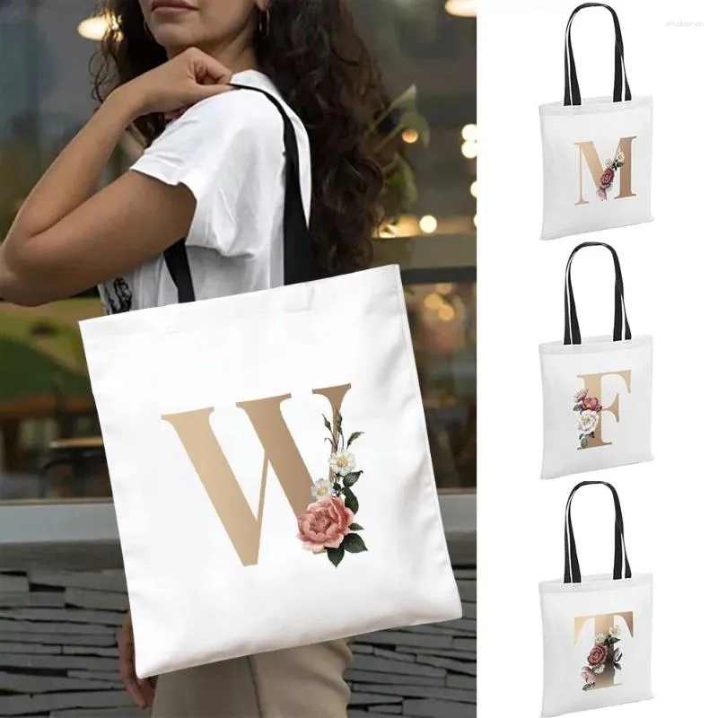 Shopping Bags Canvas Shoulder Bag Women Reusable Grocery Organizer Gold Letter Print Foldable Outdoor Travel Handbag Picnic Tote