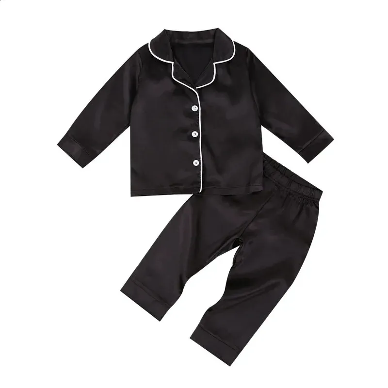 Baby Boy Black Satin Silk Pajama Sets Sleep Flear Długie rękawowe spodnie 1-7y Toddler Dzieci dzieci Summer Fall Casual Nightshirt 240123