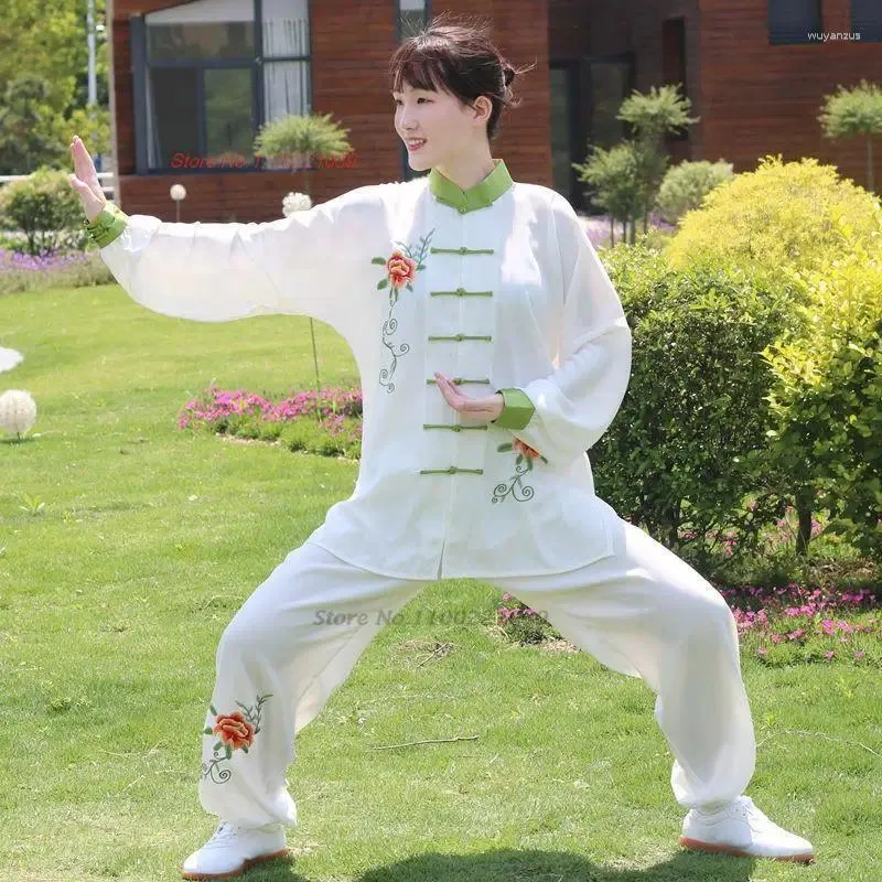 Ubranie etniczne 2024 Chińskie vintage sztuki walki mundur tai chi haft narodowy kwiat wushu Ćwiczenie kungfu górne spodnie