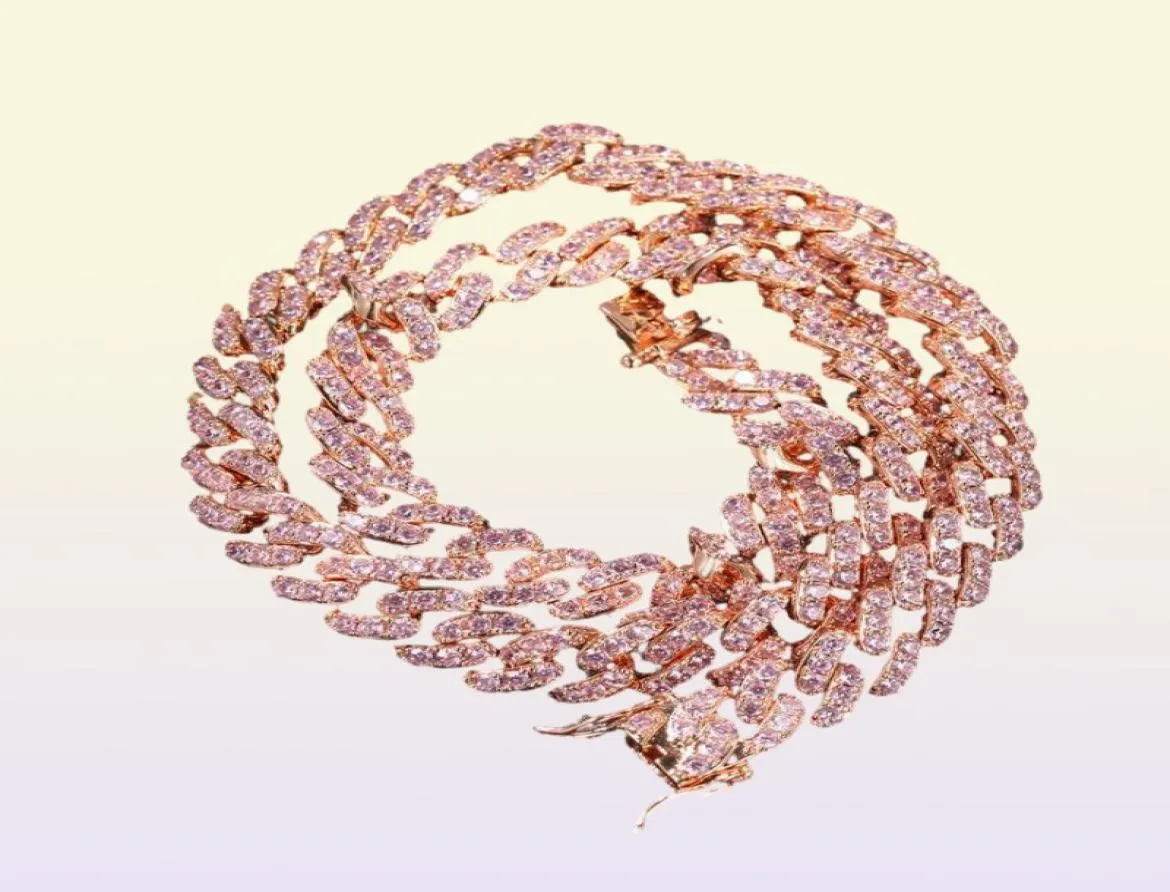 Uwin 9mm Iced Out Women Choker Halsband Rose Gold Metal Cuban Link Full With Pink Cubic Zirconia Stones Chain Jewelry4615730