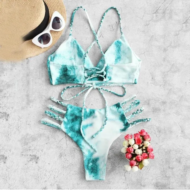 Mulheres Swimwear Tie Dye Impresso Bikini Set Sexy Mulheres 2024 Mujer Push Up Acolchoado Biquini Banhistas Bandagem Maiô Maiô