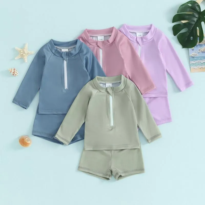 Clothing Sets FOCUSNORM 0-5Y Summer Kids Boys Girls Swimwear Clothes Set 2pcs Solid Long Sleeve Round Neck Front Zipper Swimsuit Swim Shorts