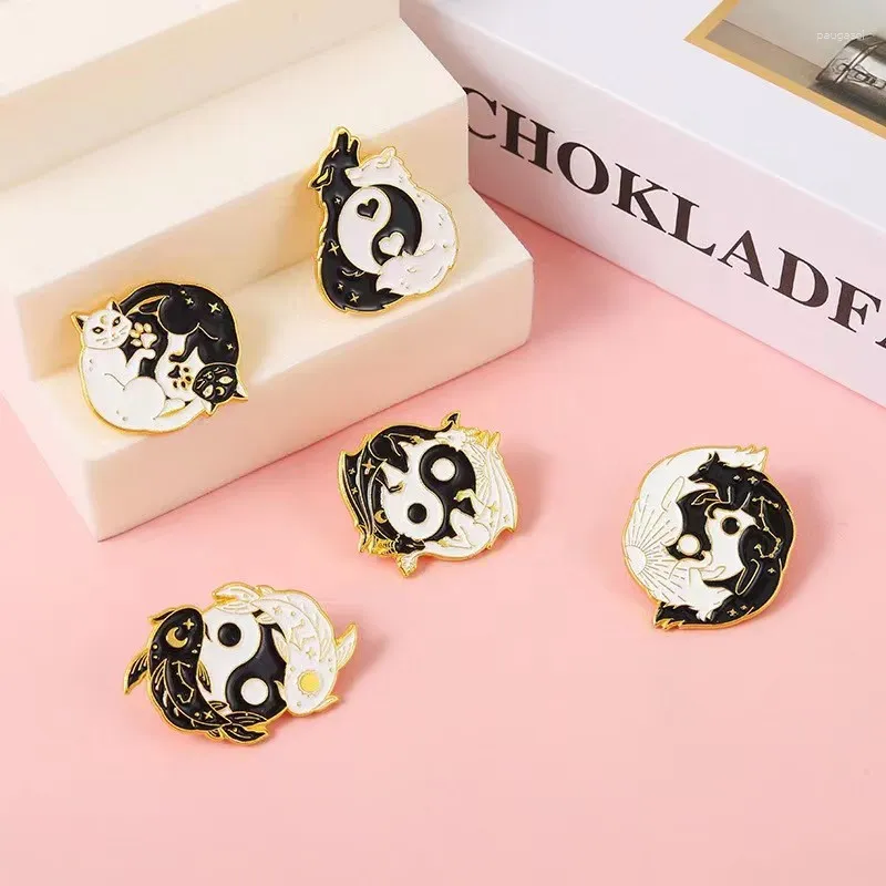 Brooches Black And White Cartoon Animals Enamel Pins Yin Yang Love Good Luck Koi Brooch Metal Badges Backpack Jewelry Gift For Friend