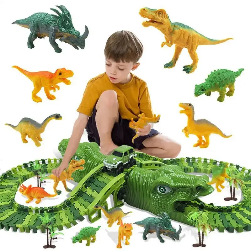 153 pièces bricolage dinosaure électrique Rail voiture ferroviaire jouet ensemble Flexible modifiable assemblé blocs de construction piste pour garçon enfants jouets cadeau 240131