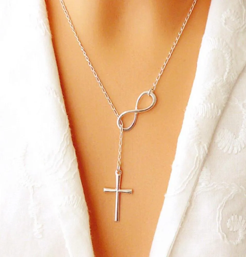 Lovely Chic Infinity Crosses på en lång silverkedjahalsband för kvinnor smycken gåva4352379