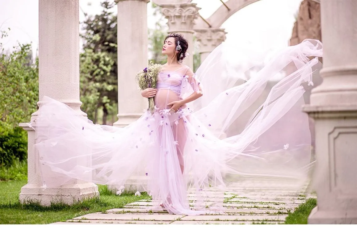 Maternity Pography Props Light Purple Maternity Gown Lace Flower fairy Dress Studio Pregnant Women Dresses Po Flower Shoot8196898