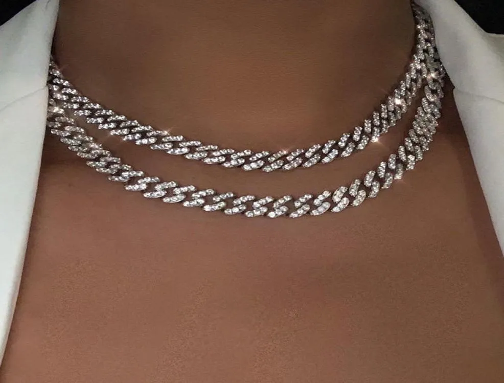 Flatfoosie złoty srebrny kolor lodowany w dhinestone Choker Naszyjnik Kobiety Bling Cuban Link Łańcuch kryształowy naszyjnik Hip Hop Jewlery 0925977534