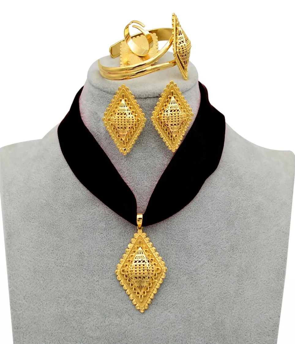 Anniyo bricolage corde éthiopienne ensemble de bijoux pendentif colliers boucles d'oreilles bracelet bague couleur or érythrée Habesha ensembles de bijoux 218406 2018852273