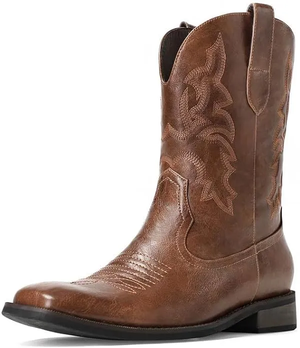 Bottes de cowboy pour hommes – Bottes occidentales brodées et antidérapantes à bout carré et talon épais, durables et à la mode