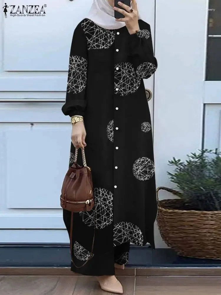 Etniska kläder zanzea mode muslim sätter 2st kalkon abaya kostym lång ärm tryckta blus kvinnor lösa matchande kausala byxor kostymer