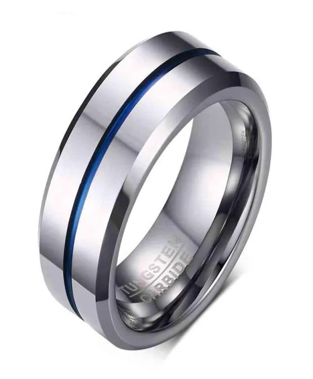 Mężczyźni Tungsten Steel Groove Pierścienie Pierścienie twardy stopowy niebieski 8 mm Rozmiar 7-13 Modna biżuteria ślubna 4996840