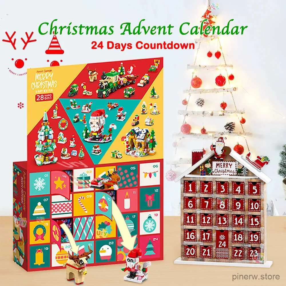 Blokken 2023 24 Dagen Kerst Adventskalender Kerstman Besneeuwde Huis Boom DIY Model Bouwstenen Speelgoed Met Doos voor kinderen Gift