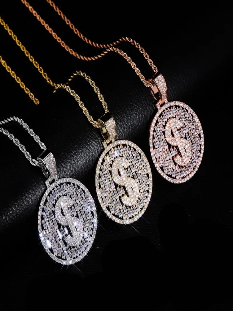 Hip Hop Micro Paved Cubic Zirconia Bling Iced Out US Dollar Round Pendants Necklace for Men Fashion Jewelry Gifts Rose Gold5705956