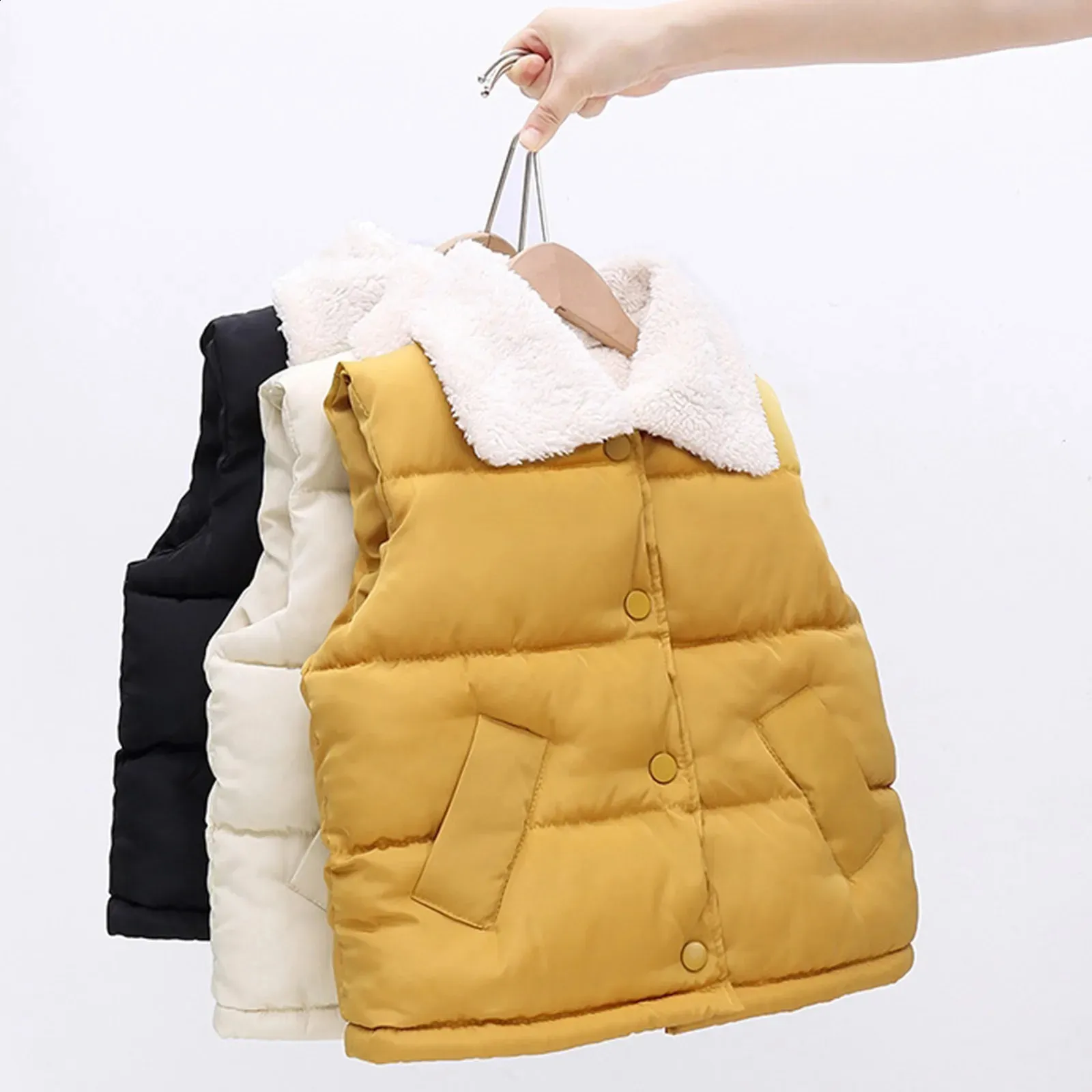 Winter Wool Kids Boys Infant Girl Clothing Toddler Thicken Solid Color Turndown Collar Down Vest For 18 Y Girls Clothes 240130