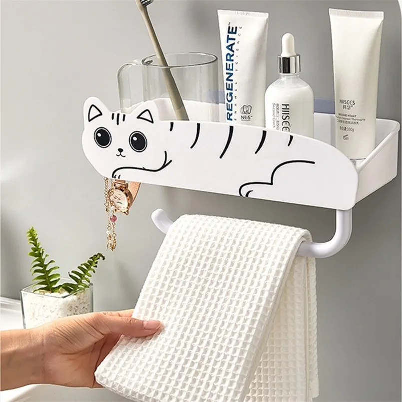 Kawaii Cat Bathroom Shelf Organizer Punch-free Storage Rack With Hooks Shampoo Shower Storage Rack Bathroom Storage Accessory 240129