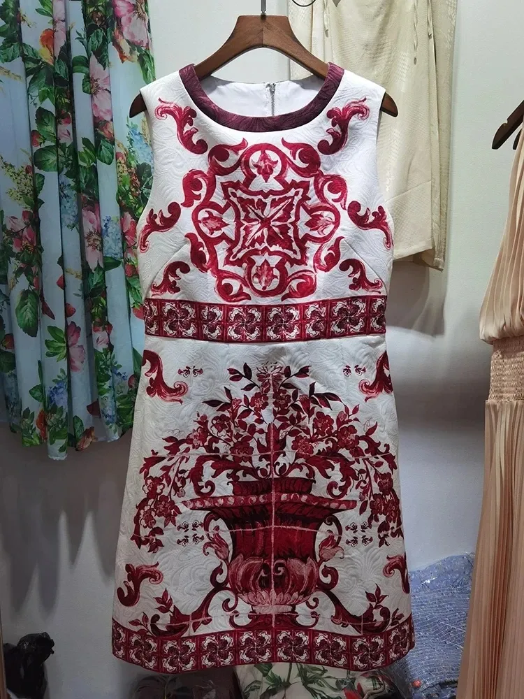 Moda jacquard vermelho porcelian impressão vestido de verão feminino o-pescoço sem mangas rua mini vestidos