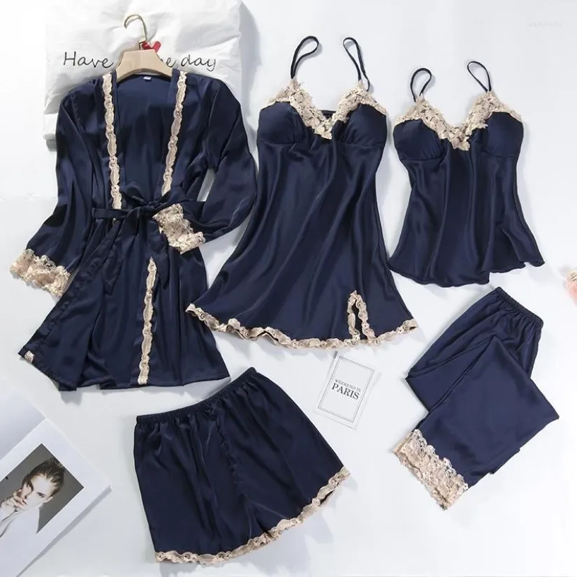 Inicio Ropa Conjunto de pijamas de 5 piezas Vestido de kimono para mujer Ropa de dormir de seda satinada Ropa de dormir informal Lencería íntima con encaje Sexy Bathro310E