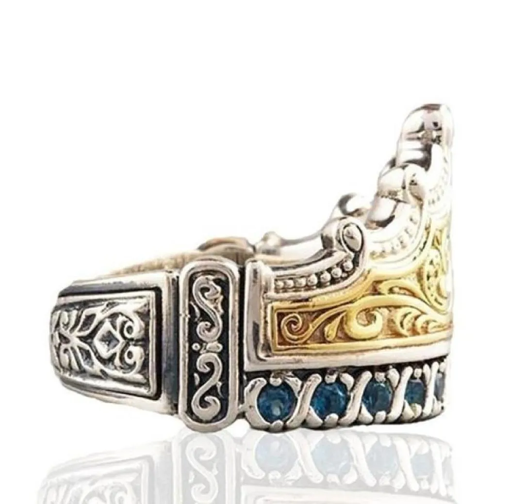 OMHXZJ Цельные европейские кольца с тремя камнями, модные женские и мужские свадебные подарки, корона, синий циркон, белое золото 18 карат, желтое золото Rin5574757