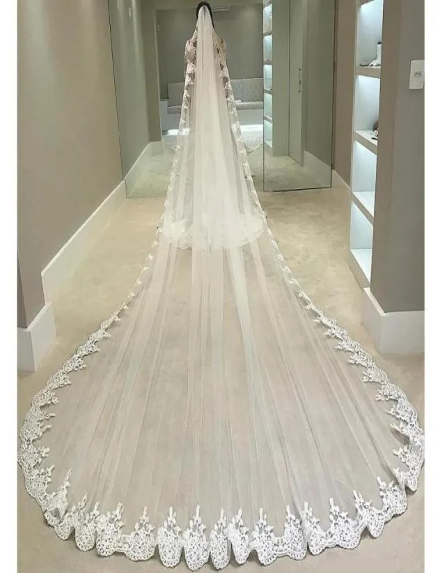 Cappella 5 m velo lungo per la sposa bordo in pizzo bianco avorio con pettine veli da sposa a un livello applicazioni in tulle di alta qualità7770931