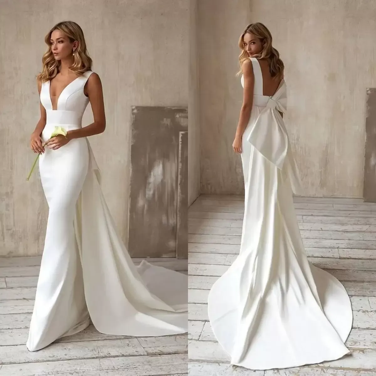 Abiti da sposa eleganti a sirena con scollo a V in raso Abiti da sposa con strascico staccabile Fiocco sul retro Abito da sposa arabo su misura